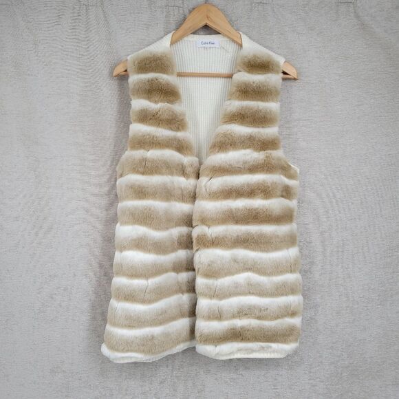 Calvin Klein Women's Cream Tan Faux Fur Longline Duster Vest Women's Large - Picture 1 of 13